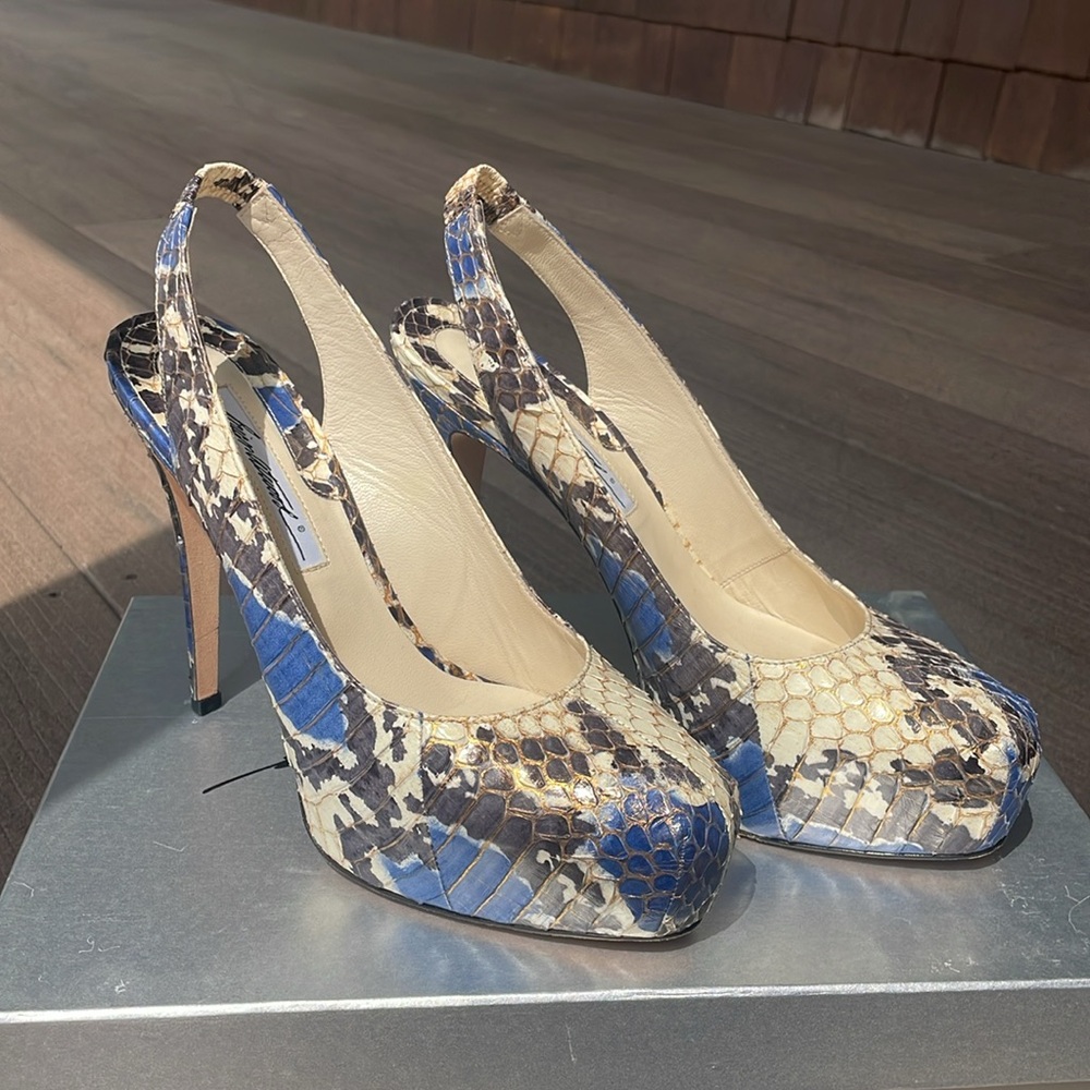 Brian Atwood Blue and Cream Python Women's Heels- size 39 EUC